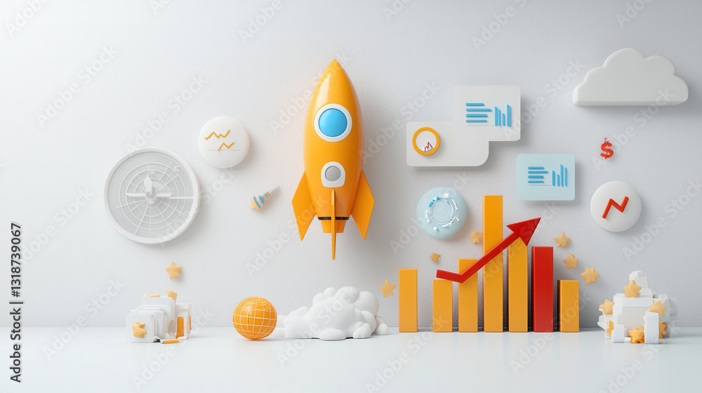 Poster engaging and professional 3d business success with rocket launching data analytics charts graphs and