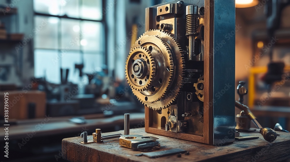 Aufkleber intricate gears and mechanisms on a workbench in a cluttered workshop setting