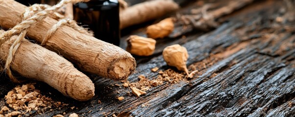Explore the essence of nature with this captivating image featuring meticulously arranged dried roots and aromatic oils on a rustic wooden table This still life composition evokes a sense of