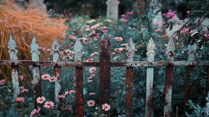 A rusted fence with pink flowers in front of it.