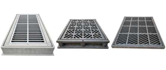 Three different drain covers on a transparent background