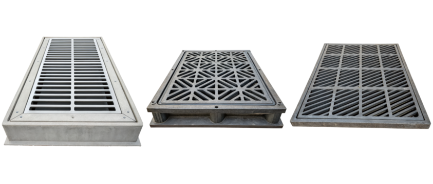 Three different drain covers on a transparent background