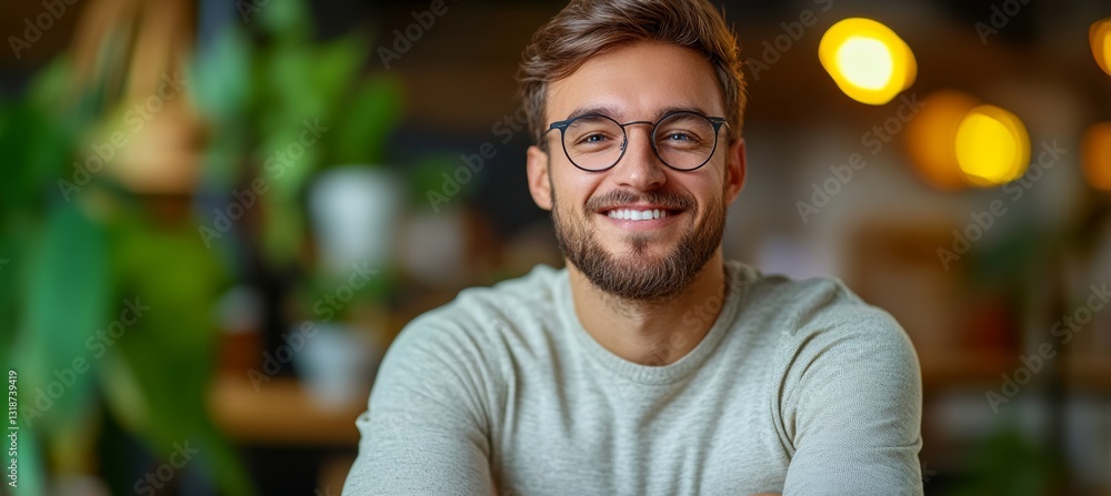 Poster man with glasses is smiling and posing for a picture. the image has a warm and friendly mood, with t