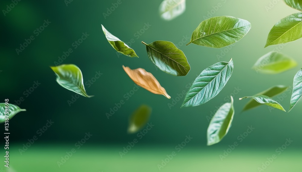 Poster leafy green tree with leaves falling from it. the leaves are scattered in the air, creating a sense 