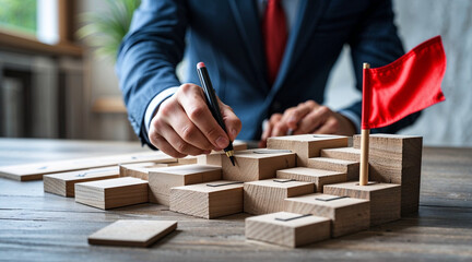 Reaching the summit: a business professional meticulously plans the strategic ascent to success, charting a course with focused determination, a symbolic red flag awaits at the peak.A businessman's ha