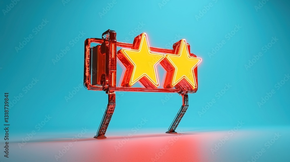 Poster 3d vector motion graphic showcasing stellar quality with a five-star testimonial in an open setting,