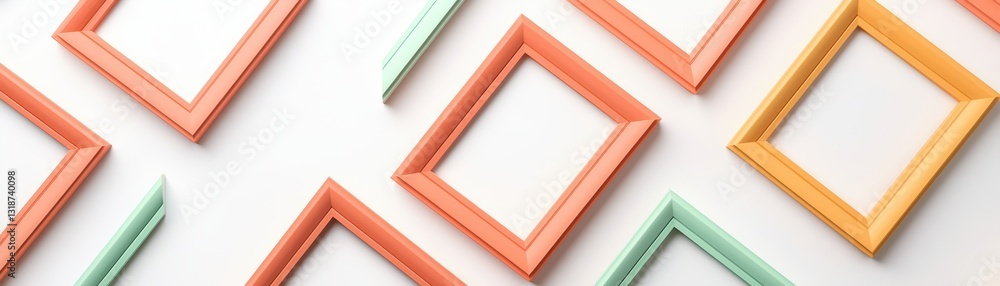 Poster artistic arrangement of empty frames in floating perspective with colorful borders