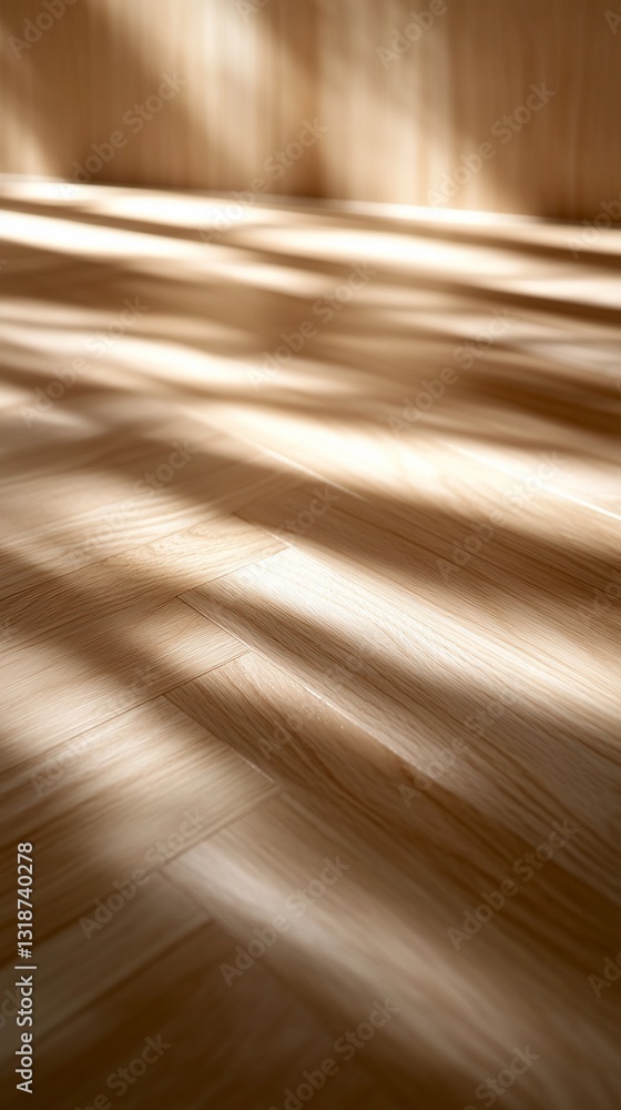 Poster light and shadow patterns on wooden floor & wall create a minimalist scene
