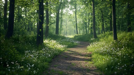 Fototapeta premium Serene Springtime Forest Trail with Bright Green Buds and Delicate Wildflowers in Sunlit Pathway