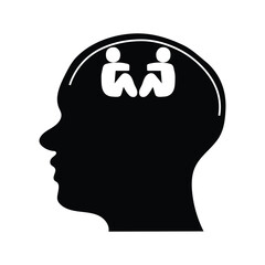 Symbol of mental conversation, illustrating the concept of thoughts and internal communication with two figures in a head.
