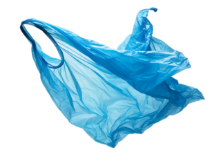 Ephemeral Flight: A single, vibrant blue plastic bag dances freely, swirling gently, against a backdrop of airy nothingness, showcasing the grace of this everyday object