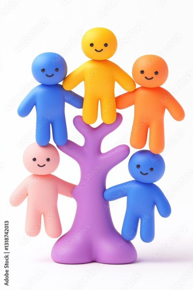 Poster human resources teamwork concept with colorful figures on tree, symbolizing growth and support in in