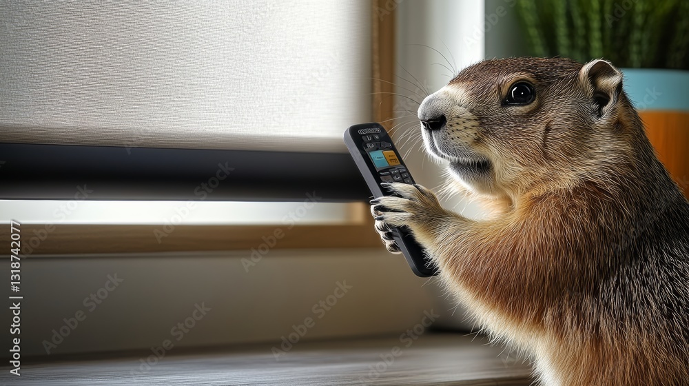 Poster small brown squirrel holding a remote control. the squirrel is looking at the camera. the image is a