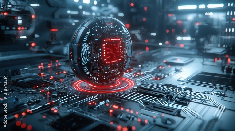 Poster futuristic and deep learning system representation with glowing holographic sphere and circuit eleme