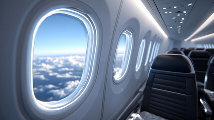 Fototapeta premium View from airplane window showing sky and road with vehicle and dashboard