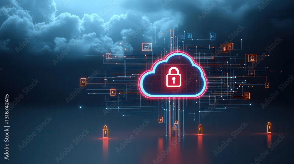 Poster futuristic cloud security concept featuring a glowing cloud lock icon on a digital backdrop with var