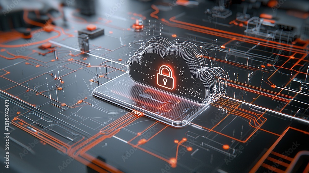 Poster futuristic cloud security concept featuring a glowing encrypted data system with intelligence and di