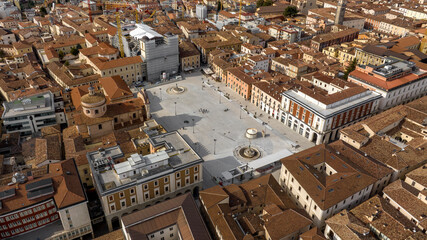 Aerial view of the Piazza del Duomo, also known as Piazza del Mercato. It is the largest and most important square in the historic center of L'Aquila, in Abruzzo, Italy.