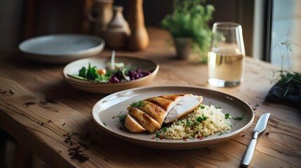 Well-cooked chicken and rice, healthy diet, healthy food