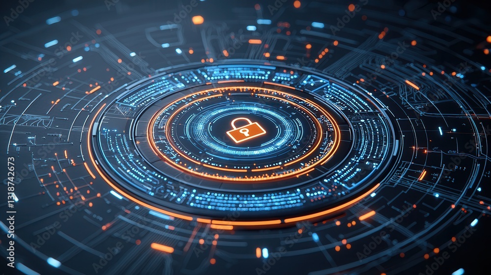 Poster futuristic cyber network security concept with a hi tech digital protection interface featuring a lo