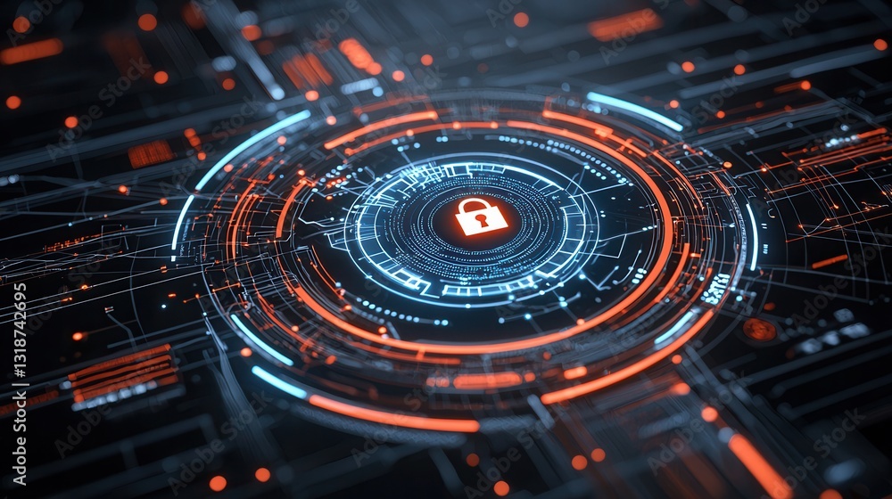 Poster futuristic cyber network security concept featuring a hi tech digital lock and data protection syste