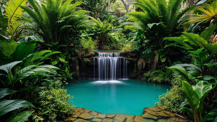 Peaceful waterfall scene with vibrant foliage and blue waters