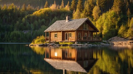 Obraz premium A small cabin sits on a lake, with a view of the surrounding trees