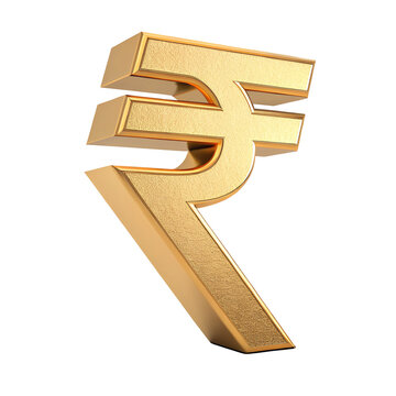 "A full golden 3D render of the Indian rupee sign, featuring a sleek and polished metallic design, set against a clean white background for a striking and elegant look."