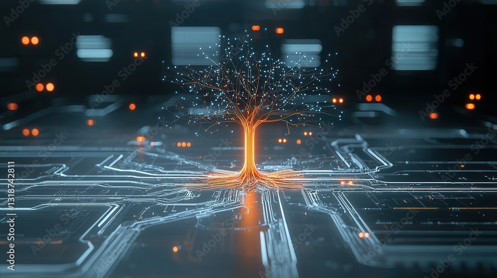 Poster a futuristic surreal image depicting a glowing cybernetic tree like structure with a brain like form