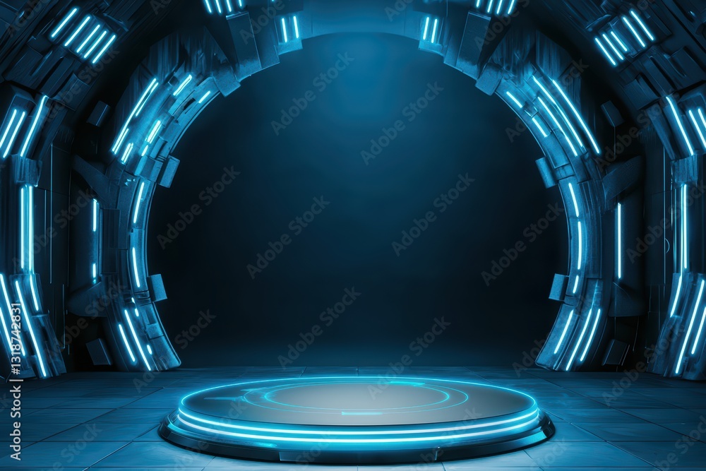 Poster futuristic stage with floating elements and blue lighting in a limitless environment