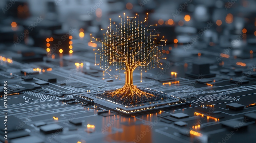 Poster futuristic digital of a cybernetic brain tree with intricate glowing orange circuits and technologic