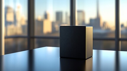 Matte black cube sits on a glossy table; city skyline blurs outside the window