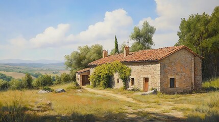 Obraz premium Serene landscape painting of a rustic stone house nestled in a sun-drenched Tuscan countryside, overlooking rolling hills under a bright sky.
