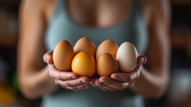 Woman is holding a basket of eggs. The eggs are of different sizes and colors, including white, brown, and yellow. The woman's hands are full of the eggs, and she is holding them carefully