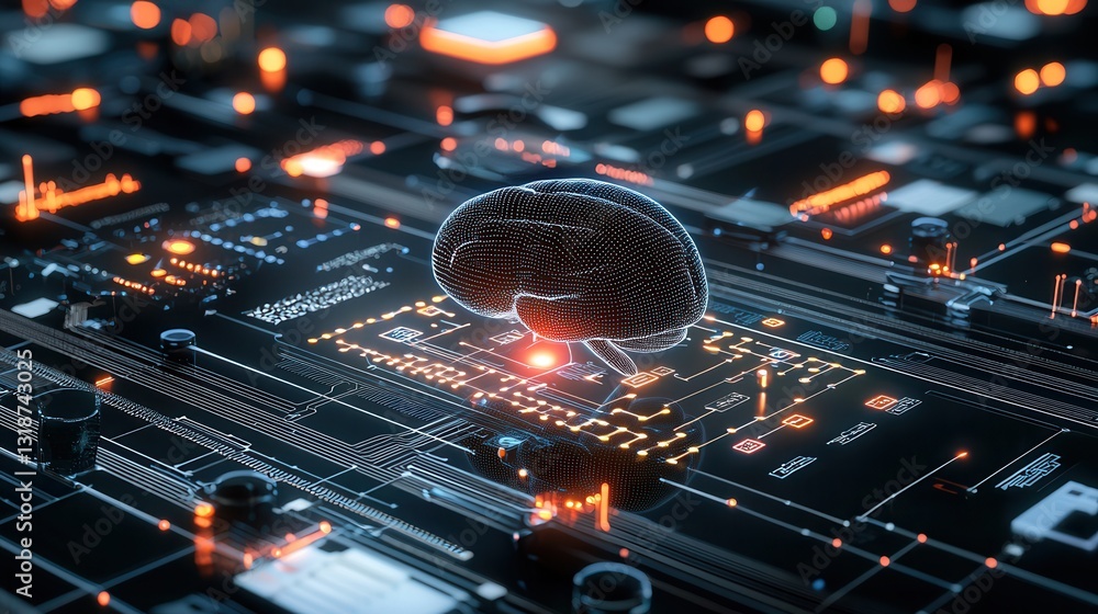 Poster futuristic cybernetic consciousness with intricate digital circuit patterns glowing energy flows and