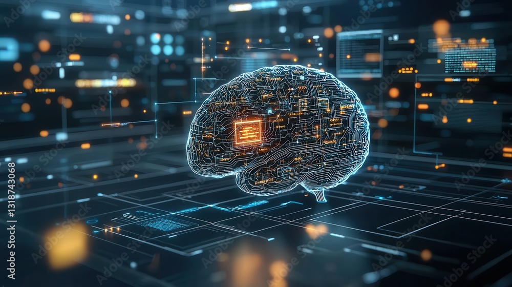 Poster futuristic cybernetic consciousness digital showcasing a 3d brain inspired neural network system sym