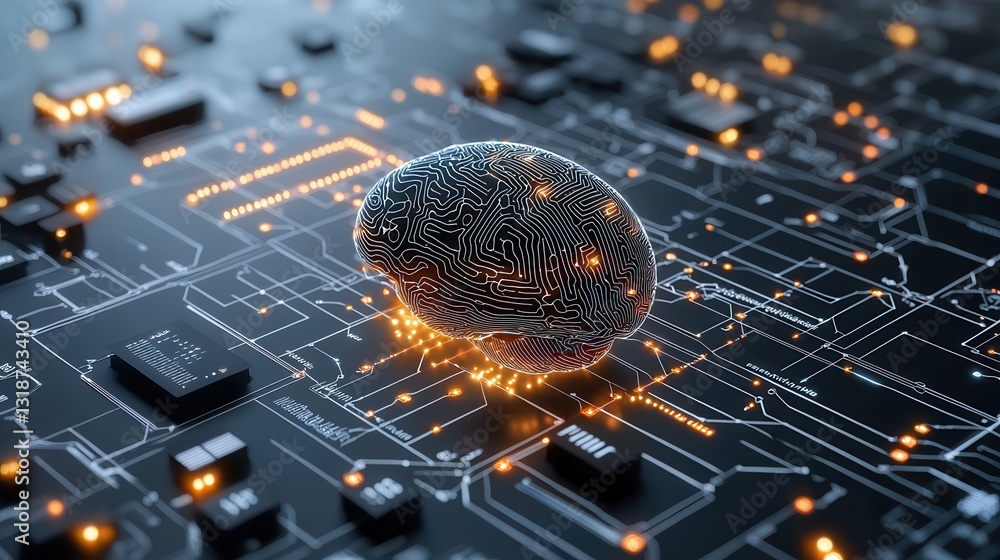 Poster futuristic cybernetic consciousness depicting a glowing spherical digital structure symbolizing the 