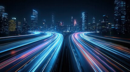 Futuristic cityscape featuring a towering skyline of skyscrapers illuminated by vibrant neon lights and high speed traffic blurring through the night