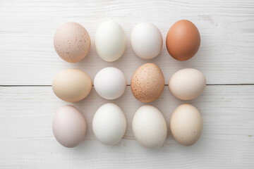 A collection of twelve eggs arranged neatly on a light wooden surface. They vary in color and texture, showcasing shades of beige, white, and brown.