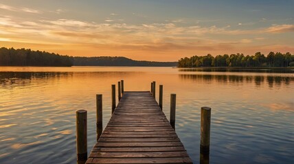 A wooden pier sits on a lake at sunset