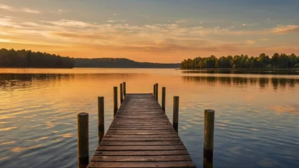Fototapete Rund A wooden pier sits on a lake at sunset © SUNSU