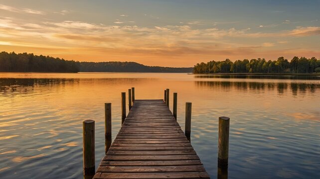 A wooden pier sits on a lake at sunset