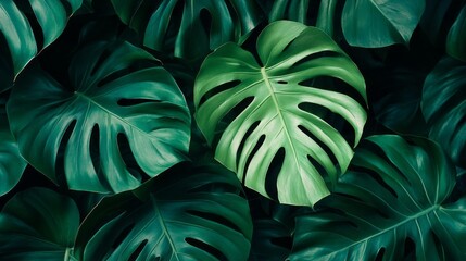 Lush green monstera leaves fill the frame, showcasing their distinctive split shapes. A serene atmosphere is evoked, perfect for appreciating nature’s beauty