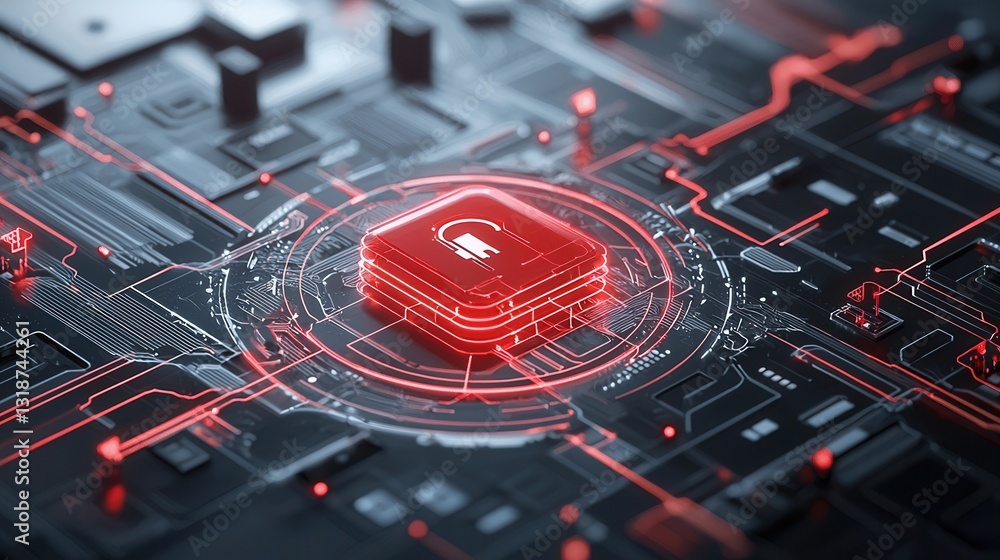 Poster futuristic data protection visualization with a bright red digital security interface featuring hexa