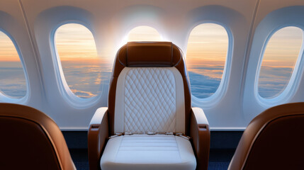 Luxurious and spacious interior of an empty passenger airplane with seats, tables, and windows, showcasing a business-class cabin for travelers