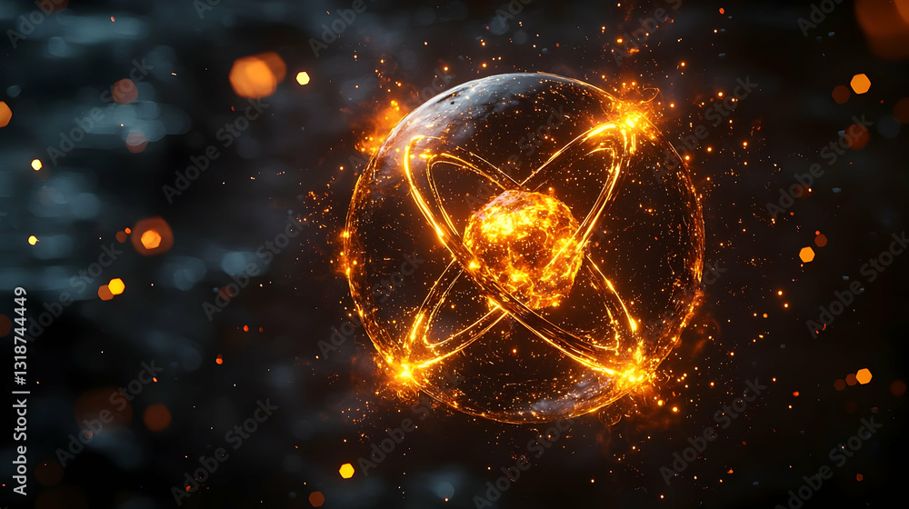 Poster glowing atomic structure with fiery particles on dark background