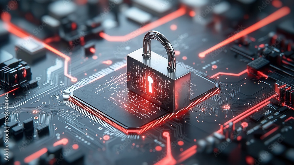 Poster futuristic digital security visualization with a glowing padlock icon on a complex circuit board rep
