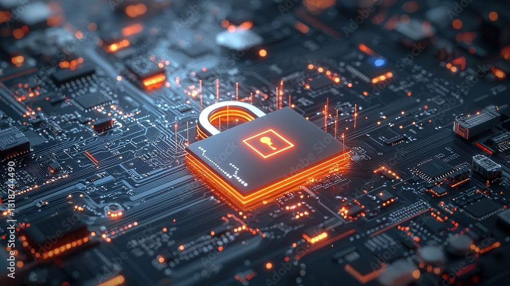 Poster futuristic data protection and encryption technology visualization with glowing circuits microchips 