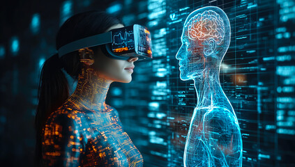 A body X-ray displayed with a hologram. The concept of advanced medical imaging, futuristic healthcare technology, and precision diagnostics. Generative AI.