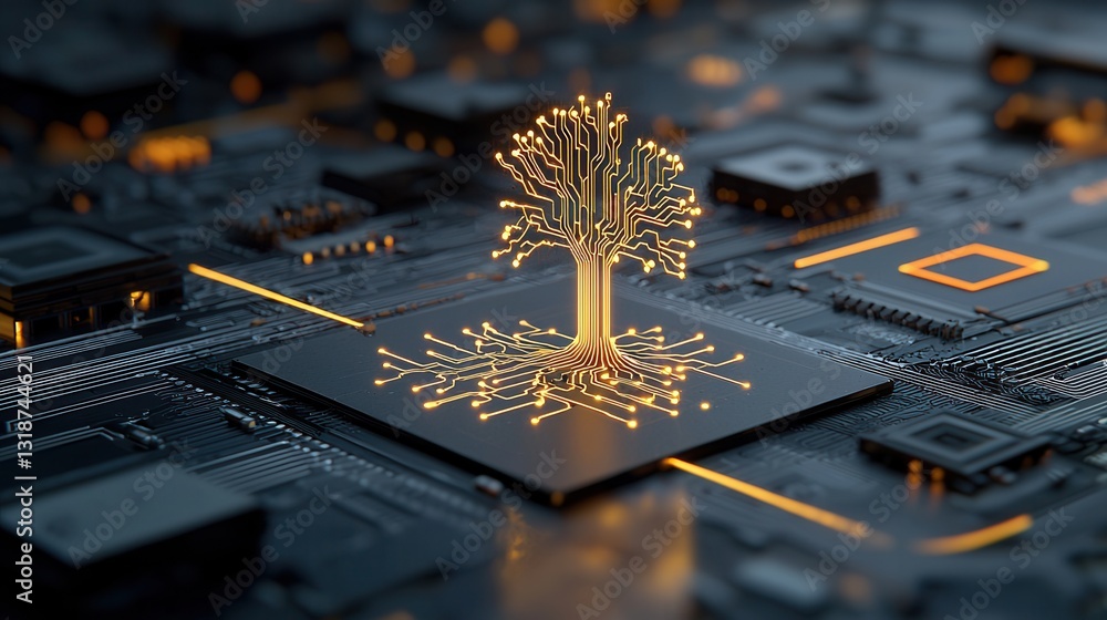Poster futuristic digital artwork depicting a glowing golden circuit board representing the power and poten